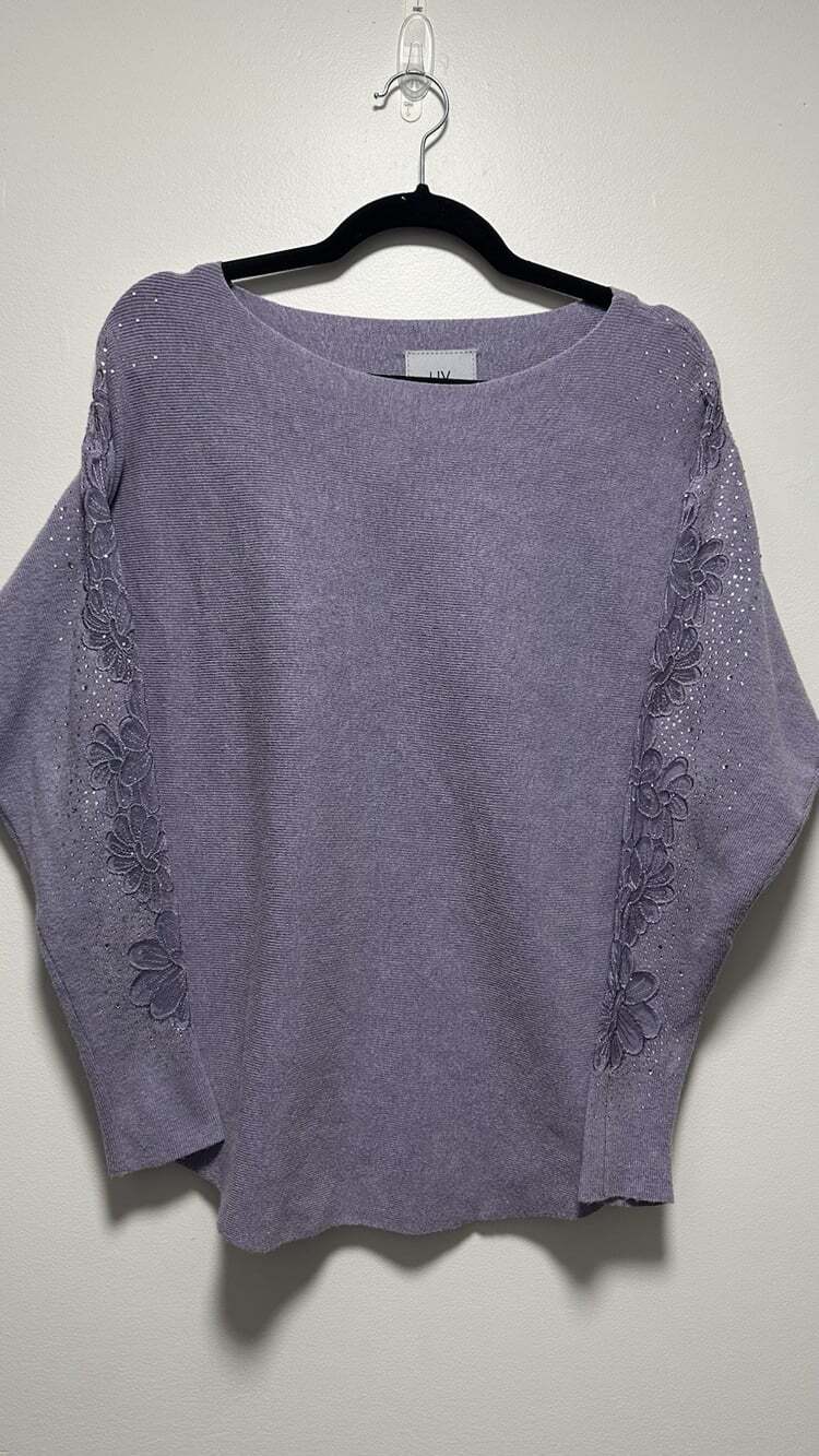 Liv Malono Soft Purple Sweater With Floral Lace And Gem Design On Sleeves Y2K